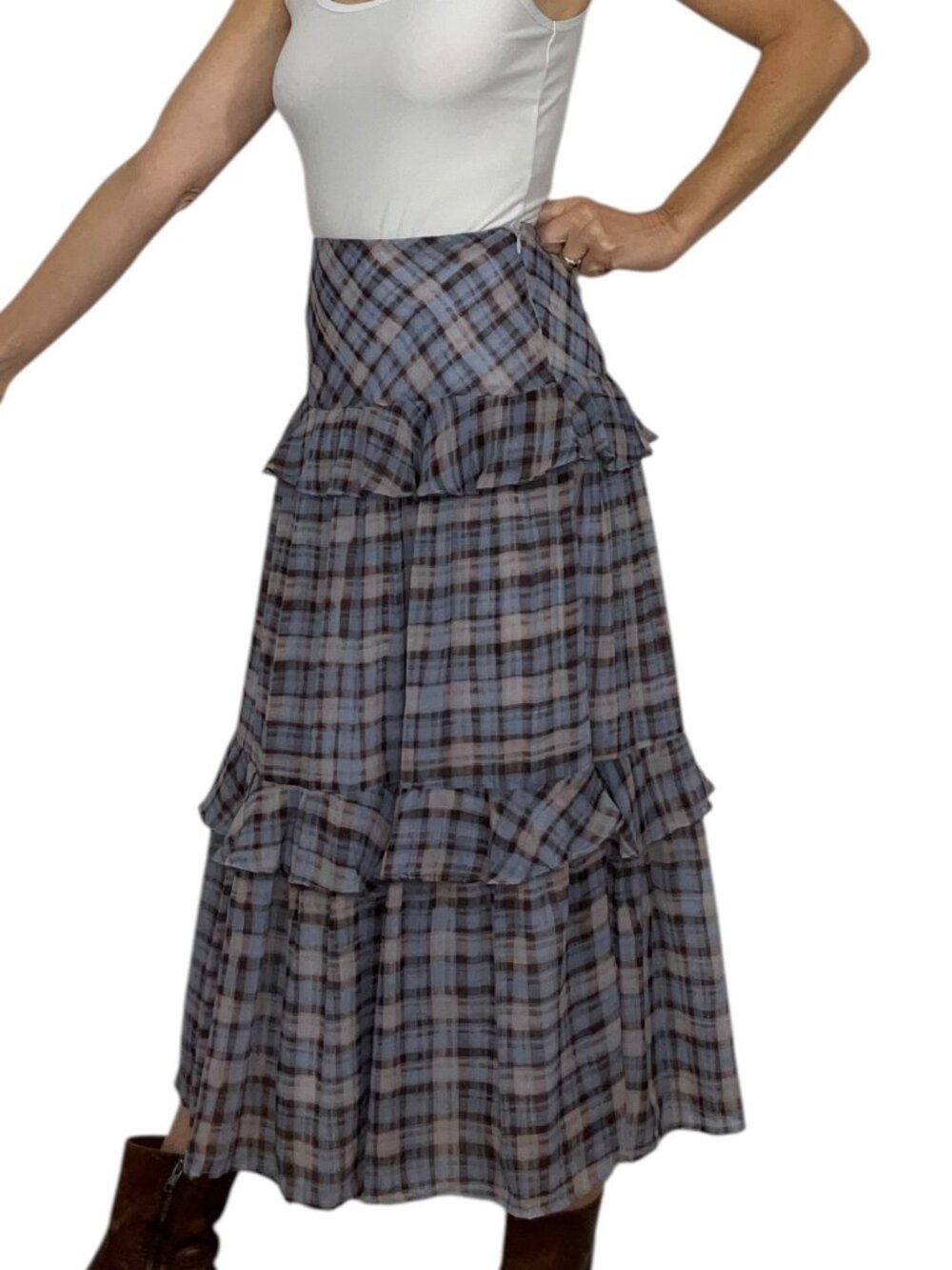 En Saison Briar Plaid Ruffle Tiered Midi Skirt XS Brown Blue Western - Picture 5 of 13